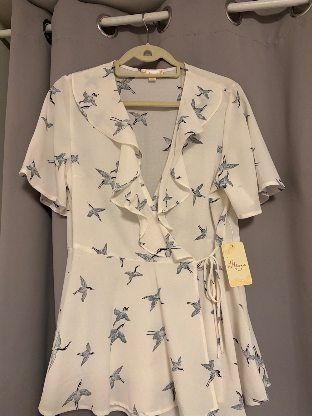 Misia Cream Ruffle Wrap Top with Blue Bird Print